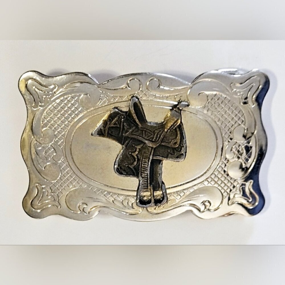 Vintage Western Saddle Belt Buckle Silver Tone Brass Cowboy Made in USA